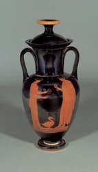Anfora nolan a figure rosse attica raffigurante due figure e un